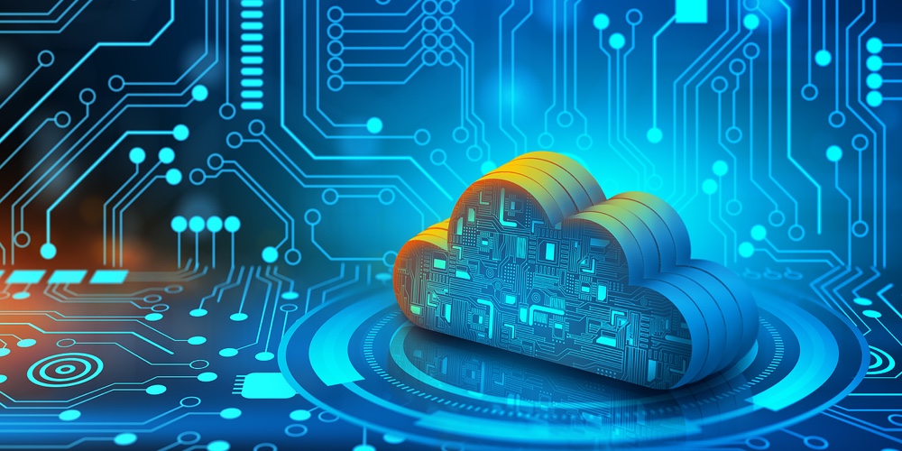 Cloud Computing Technology Internet On Converging Point Of Circuit With Abstract Blue Background. Cl